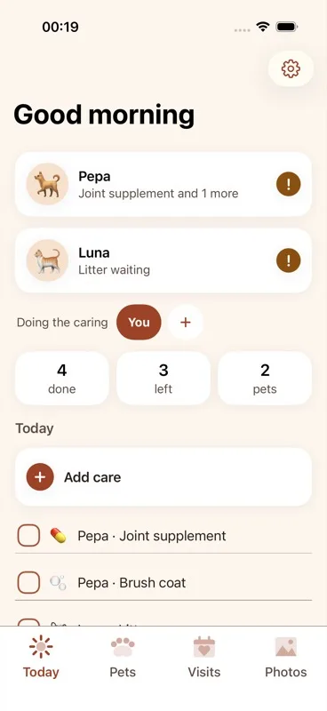 The "Today" section header with the "Add care" row beneath it.