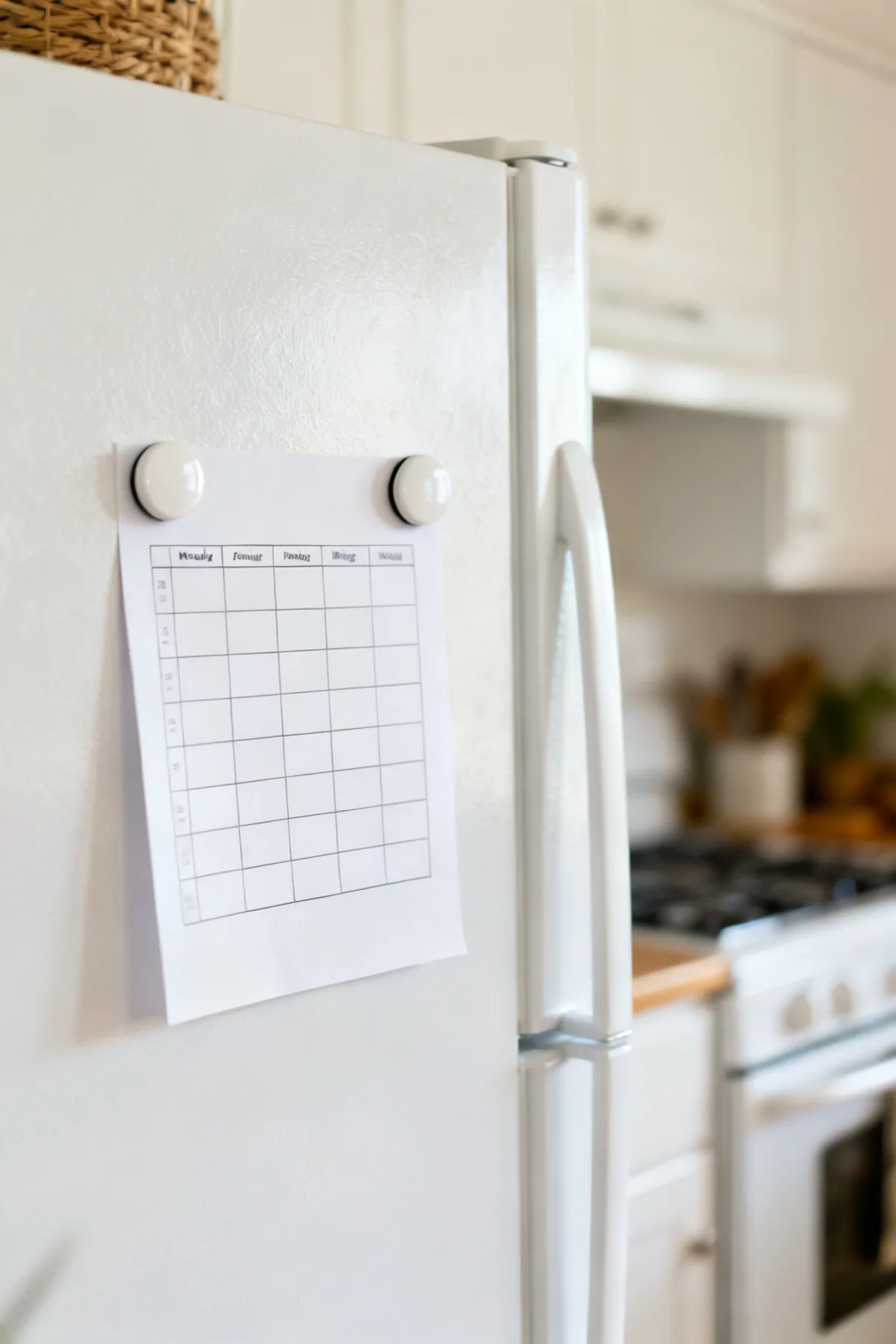 A simple weekly feeding chart held to a fridge door with two magnets, in a cozy kitchen