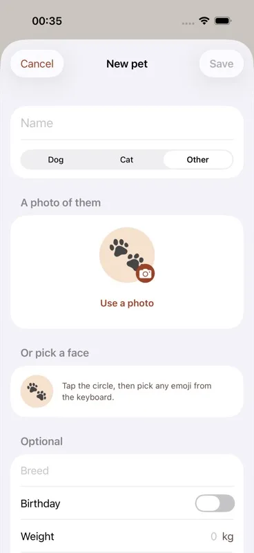 The "Other" species option selected, showing a single tappable circle that opens the phone's emoji keyboard for picking any emoji.