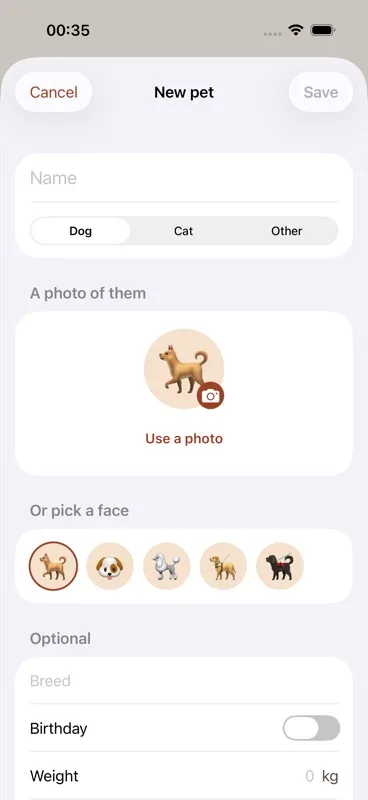 Segmented control with three options — Dog, Cat, Other — with one selected.