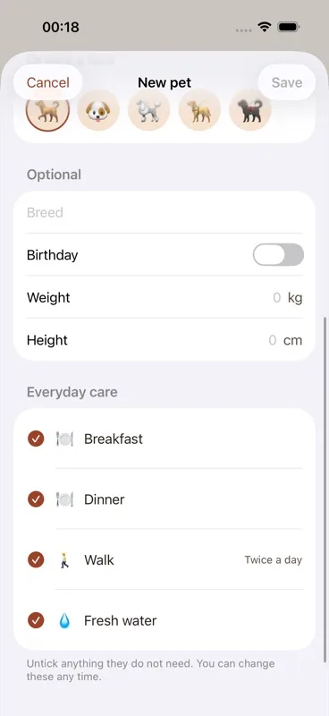 The &ldquo;Everyday care&rdquo; section when adding a dog &mdash; Breakfast, Dinner, Walk and Fresh water, each on its own row with a filled tick beside it.